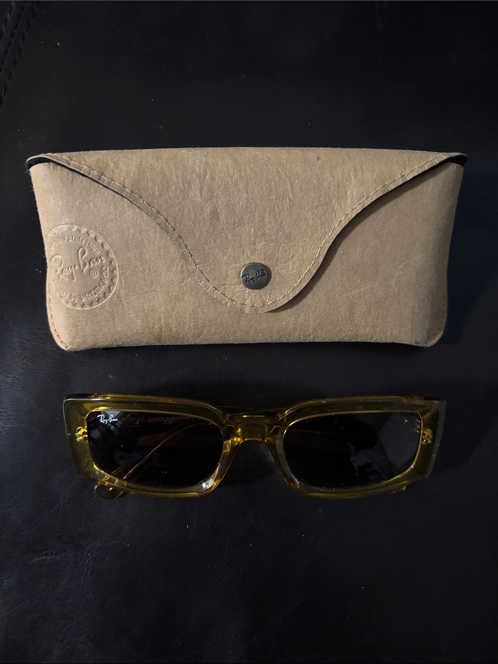 Ray-Ban Amber/Yellow Rectangular Sunglasses with Tan Case